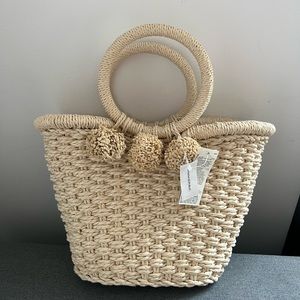 New Banana Republic straw basket with drawstring insert & pom poms